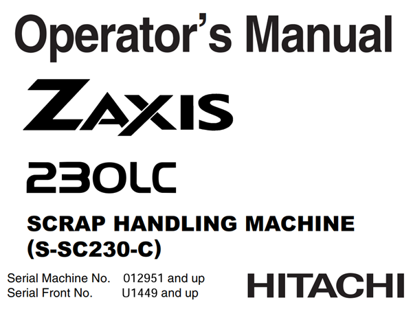 Hitachi Zaxis 230LC Scrap Handling Machine (S-SC230-C) Operator's Manual