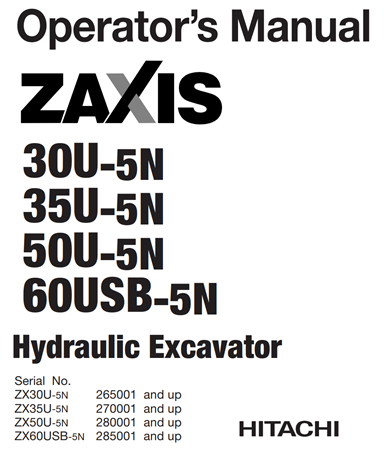 Hitachi Zaxis 30U-5N, Zaxis 35U-5N, Zaxis 50U-5N, Zaxis 60USB-5N Hydraulic Excavator