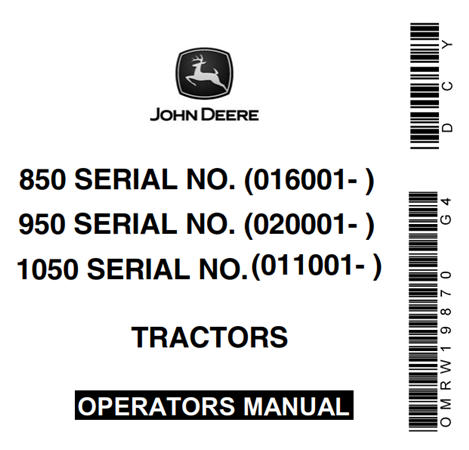 John Deere 850, 950, 1050 Tractors Operator's Manual