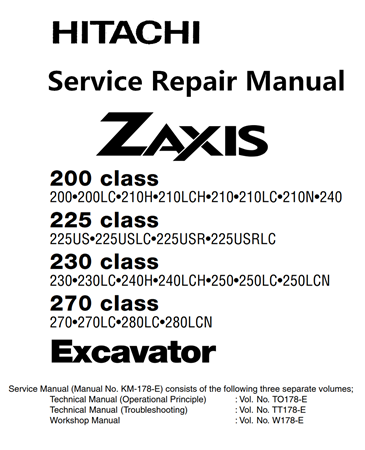 Hitachi Zaxis 200 class, Zaxis 225 class, Zaxis 230 class, Zaxis 270 class Excavator