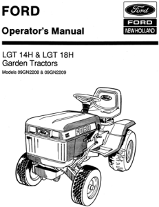 Ford LGT 14H & LGT 18H Garden Tractors Operator's Manual (Models 09GN2208 & 09GN2209)