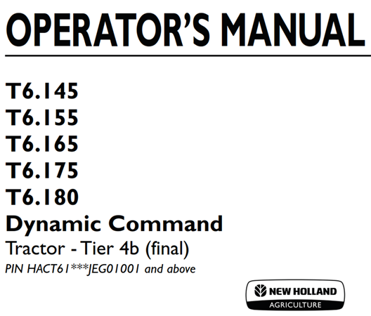 New Holland T6.145, T6.155, T6.165, T6.175, T6.180 Dynamic Command Tractor