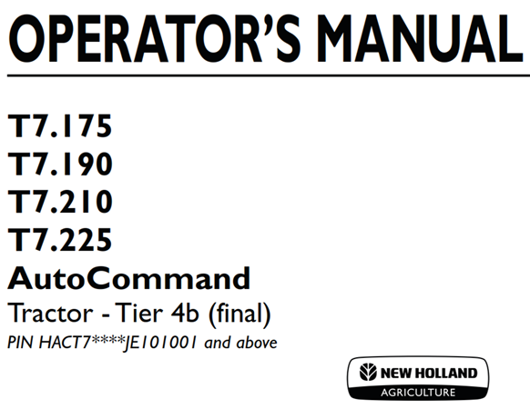 New Holland T7.175, T7.190, T7.210, T7.225 Auto Command Tractor - Tier 4b (final)