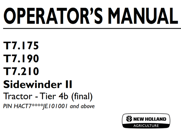 New Holland T7.175, T7.190, T7.210 Sidewinder II Tractor - Tier 4b (final)