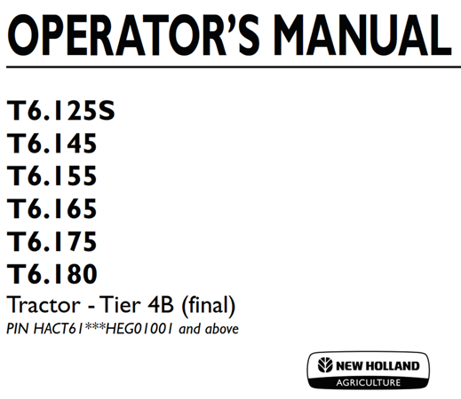 New Holland T6.125S, T6.145, T6.155, T6.165, T6.175, T6.180 Tractor - Tier 4B (final)