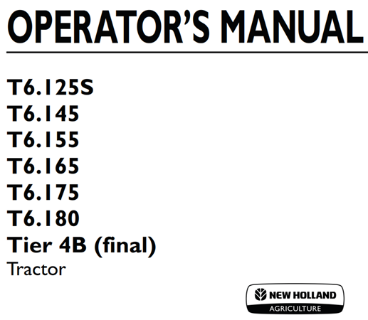 New Holland T6.125S, T6.145, T6.155, T6.165, T6.175, T6.180 Tier 4B (final) Tractor