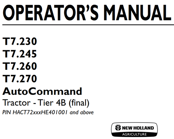 New Holland T7.230, T7.245, T7.260, T7.270 Auto Command Tractor - Tier 4B (final)