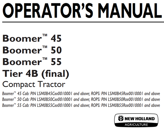 New Holland Boomer 45, Boomer 50, Boomer 55 Tier 4B (final) Compact Tractor Operator's Manual