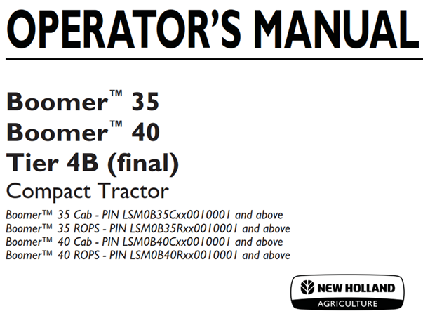 New Holland Boomer 35, Boomer 40 Tier 4B (final) Compact Tractor Operator's Manual