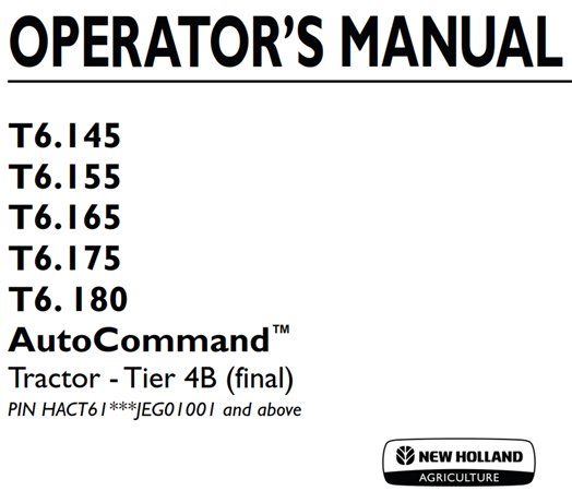 New Holland T6.145, T6.155, T6.165, T6.175, T6. 180 Auto Command Tractor