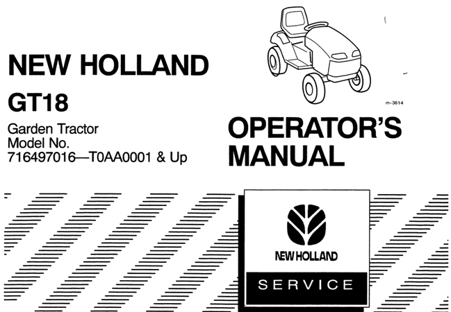 New Holland GT18 Garden Tractor Operator's Manual (Model No. 716497016 - T0AA0001 & up)