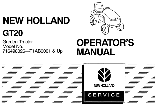 New Holland GT20 Garden Tractor Operator's Manual (Model No. 716498026 - T1AB0001 & up)