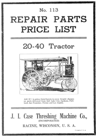 J.I. Case Repair Parts Price List 20-40 Tractor Parts Catalog