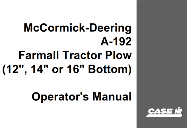 Case IH McCormick-Deering A-192 Farmall Tractor Plow