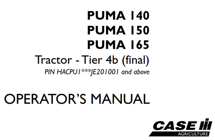 Case IH PUMA 140, PUMA 150, PUMA 165 Tractor - Tier 4b (final)