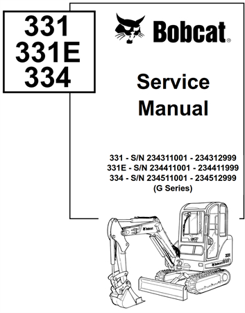 Bobcat 331, 331E, 334 Excavator (G Series) Service Repair Manual